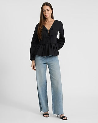 Express Women's Tie Front Long Sleeve Peplum Top in Black Small