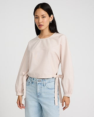 Express Women's Crew Neck Long Sleeve Side Tie Top in Light Pink