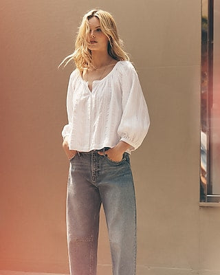 Express Women's Scoop Neck Balloon Sleeve Button Front Top in White