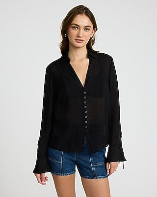 Express Women's Tie Long Sleeve Button Front Top in Pitch Black