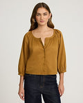 Express Women's Cotton Voile Scoop Neck Balloon Sleeve Button Front Top in Neutral Small