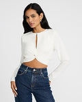 Express Women's Crepe Crew Neck Long Sleeve Twist Front Crop Top in Ivory