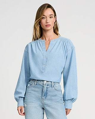 Express Women's Cotton Denim Button Front Top in Light Wash