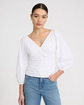 Express Women's Stretch Cotton V-Neck Ruched Puff Sleeve Top in White Small