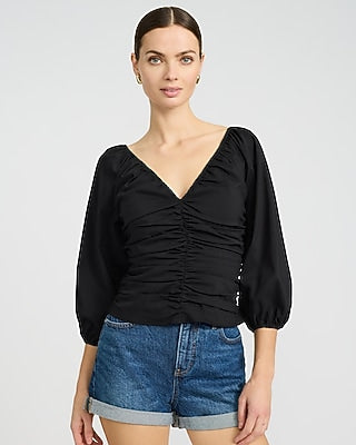 Express Women's Stretch Cotton V-Neck Ruched Puff Sleeve Top in Black Small