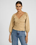 Express Women's Stretch Cotton V-Neck Ruched Puff Sleeve Top in Brown Small