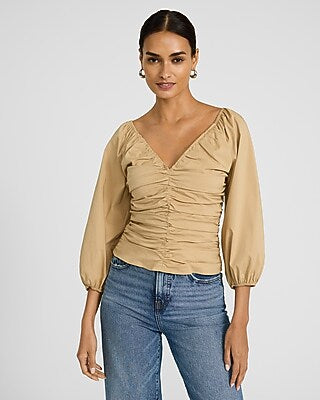 Express Women's Stretch Cotton V-Neck Ruched Puff Sleeve Top in Brown Small