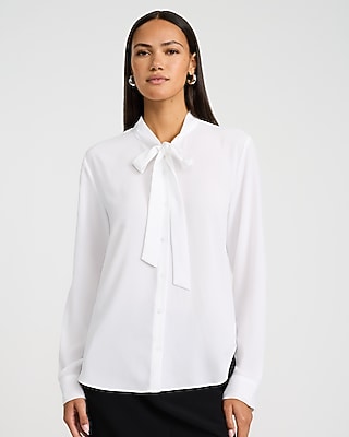 Express Women's Tie Neck Long Sleeve Button Front Top in White Small