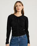 Express Women's Puff Sleeve Bow Front Ruched Top in Black Small