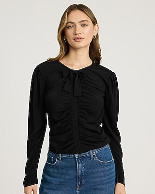 Express Women's Puff Sleeve Bow Front Ruched Top in Pitch Black