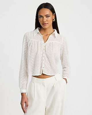 Express Women's Sheer Eyelet Collared Shirt in White Small