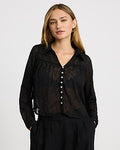 Express Women's Sheer Eyelet Collared Shirt in Black Small