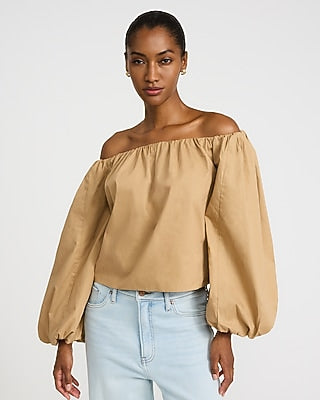Express Women's Poplin Off The Shoulder Long Sleeve Top in Brown Small