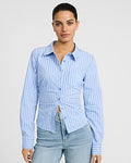 Express Women's Striped Ruched Fitted Cutaway Shirt in Blue Small