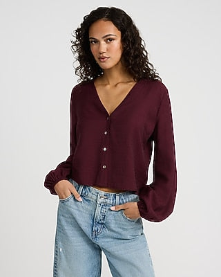 Express Women's Textured Slub V-Neck Long Sleeve Shirt in Ruby