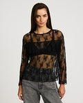Express Women's Lace Crew Neck Ruffle Top in Pitch Black