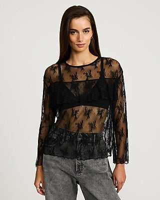 Express Women's Lace Crew Neck Ruffle Top in Pitch Black