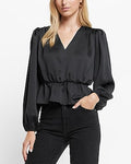 Express Women's Long Sleeve V-Neck Peplum Top in Pitch Black