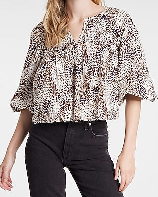 Express Women's V-Neck Printed Raglan Balloon Sleeve Top in B&w Print