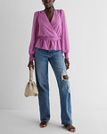 Express Women's V-Neck Smocked Cuff Peplum Top in Purple Small