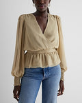 Express Women's V-Neck Smocked Cuff Peplum Top in Green Small
