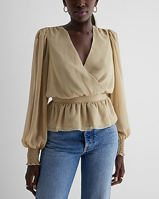 Express Women's V-Neck Smocked Cuff Peplum Top in Green Small