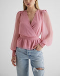 Express Women's V-Neck Smocked Cuff Peplum Top in Pink