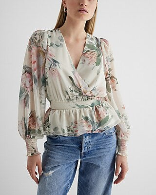 Express Women's Floral V-Neck Smocked Cuff Peplum Top in Neutral Print