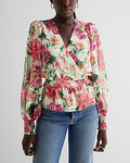 Express Women's Floral V-Neck Smocked Cuff Peplum Top in Pink Print