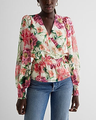 Express Women's Floral V-Neck Smocked Cuff Peplum Top in Pink Print