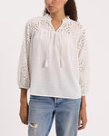 Express Women's Dot Eyelet Tie V-Neck Long Sleeve Top in White
