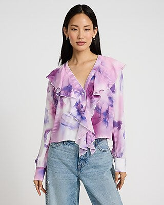 Express Women's Printed Ruffle Front Long Sleeve Top in Purple Print