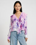 Express Women's Printed Ruffle Front Long Sleeve Top in Purple Small