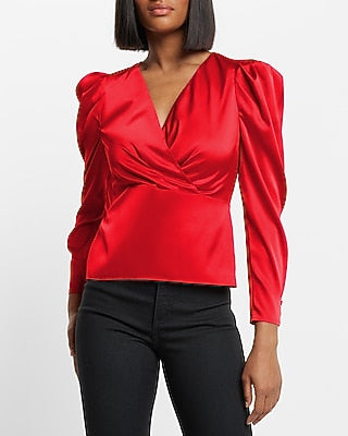 Express Women's Satin Puff Sleeve Wrap Top in Lipstick Red