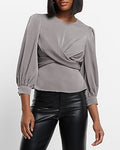 Express Women's Satin Crew Neck Puff Sleeve Wrap Top in Mountain Gray