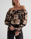Express Women's Satin Floral Off The Shoulder Smocked Cuff Top in Black Print