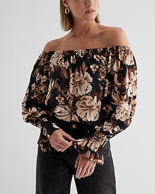 Express Women's Satin Floral Off The Shoulder Smocked Cuff Top in Black Print