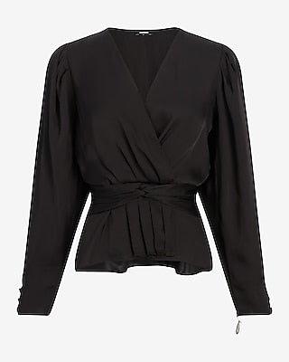 Express Women's Satin V-Neck Twist Front Peplum Top in Pitch Black
