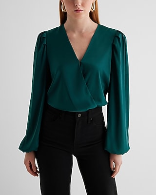 Express Women's Satin Balloon Sleeve Faux Wrap Front Bodysuit in Deep Teal