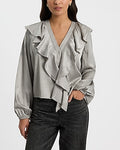 Express Women's Satin Clip Dot V-Neck Long Sleeve Button Front Ruffle Top in Sterling Silver