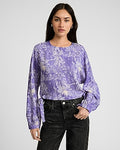 Express Women's Printed Crew Neck Long Sleeve Side Tie Top in Purple Print