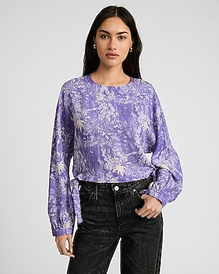 Express Women's Printed Crew Neck Long Sleeve Side Tie Top in Purple Print
