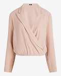 Express Women's Collared V-Neck Long Sleeve Faux Wrap Front Top in Ballet Pink