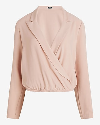 Express Women's Collared V-Neck Long Sleeve Faux Wrap Front Top in Pink Small