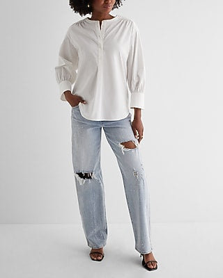 Express Women's Gathered Sleeve Half Button Up Shirt in White