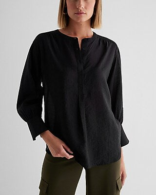 Express Women's Gathered Sleeve Half Button Up Shirt in Pitch Black