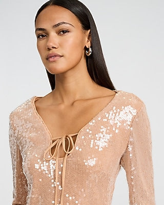 Express Women's Sequin Long Sleeve Tie Front Top in Sand