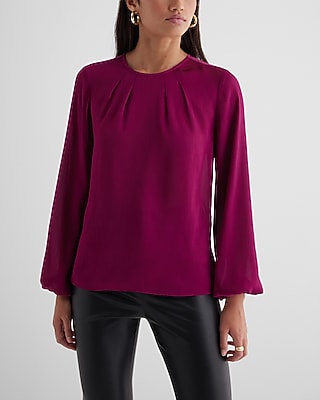 Express Women's Satin Textured Gathered Neck Balloon Sleeve Top in Wild Orchid