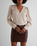 Express Women's Satin Printed V-Neck Cuff Sleeve Top in Neutral Print