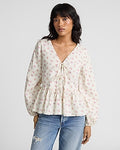 Express Women's Floral Tie Front Long Sleeve Peplum Top in Multi